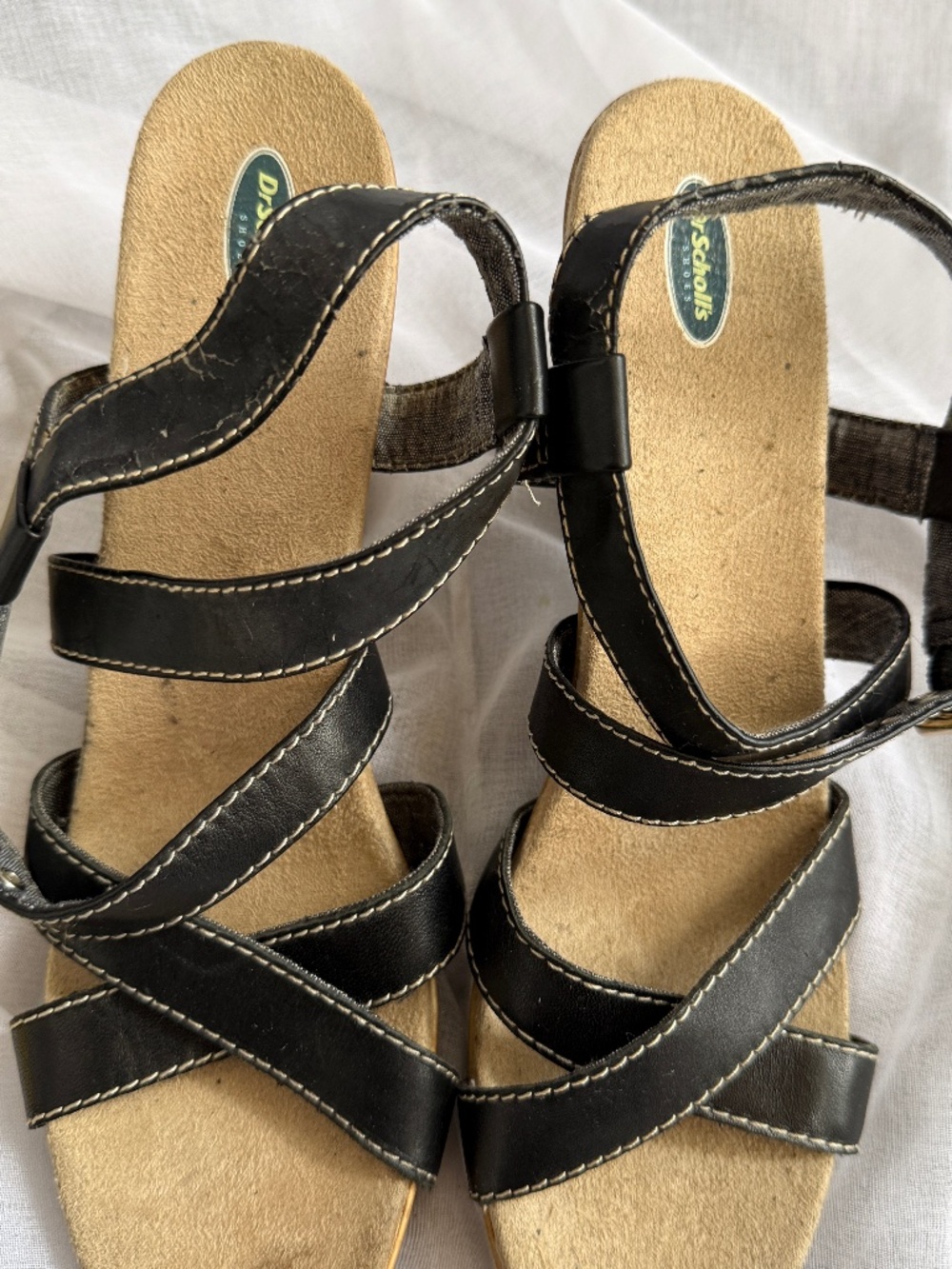 Dr.Scholl’s Black Leather Platform Sandals sz7.5 Heel Comfort Shoes | Chunky H
